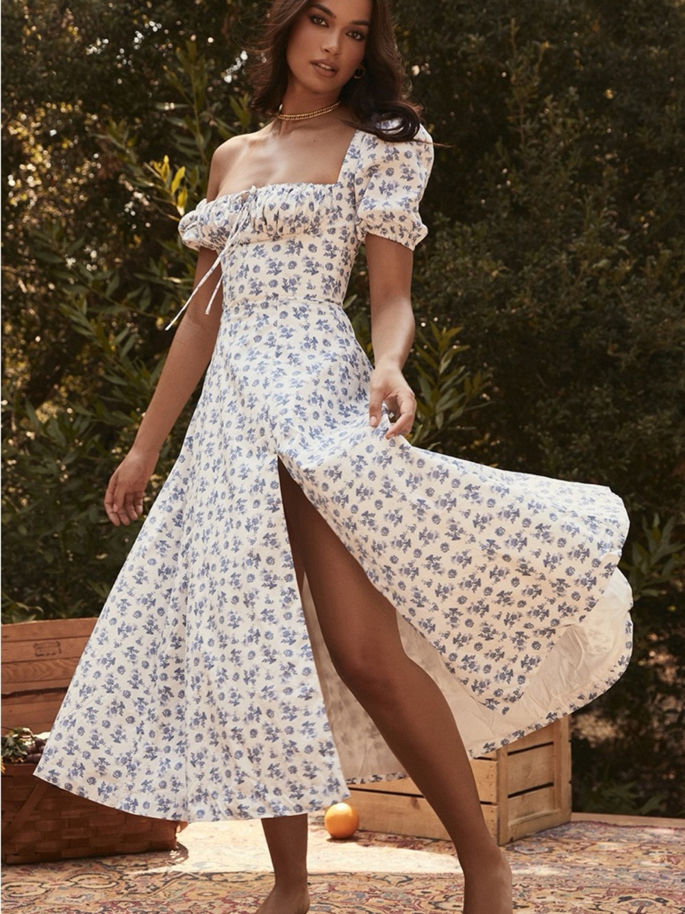 HOUSE OF CB Tallulah Floral Midi Dress in Blue and White NWOT